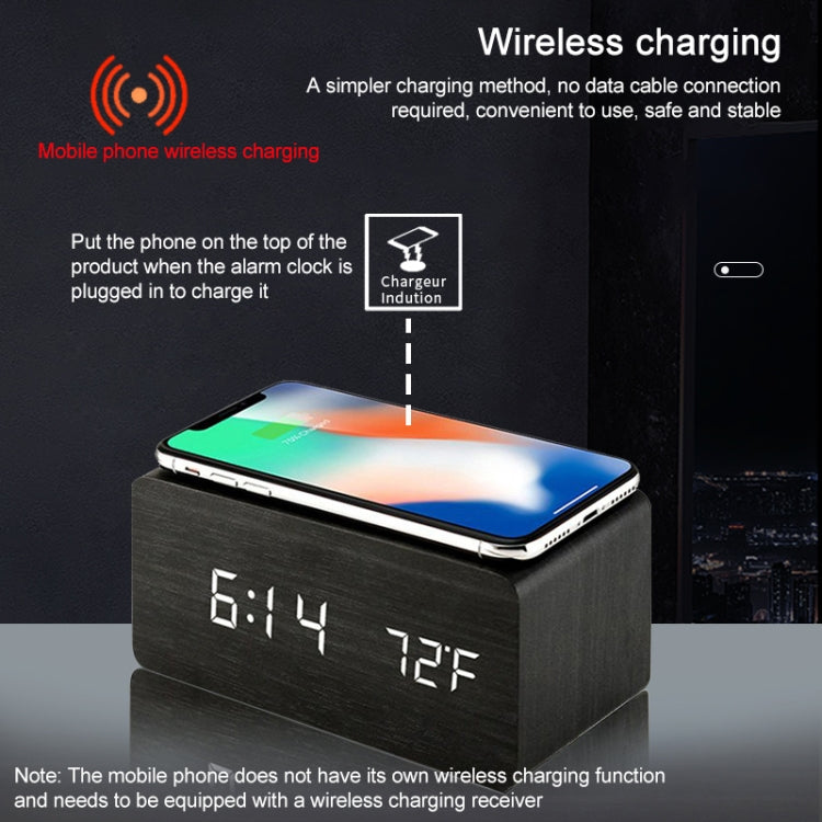 KD8801 5W Wooden Creative Wireless Charger LED Mirror Digital Display Sub-alarm Clock, Regular Style(Black Wood White Characters) - Apple Accessories by buy2fix | Online Shopping UK | buy2fix