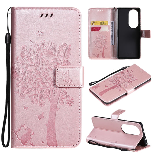 For Huawei P50 Pro Tree & Cat Pattern Pressed Printing Horizontal Flip PU Leather Case with Holder & Card Slots & Wallet & Lanyard(Rose Gold) - Huawei Cases by buy2fix | Online Shopping UK | buy2fix