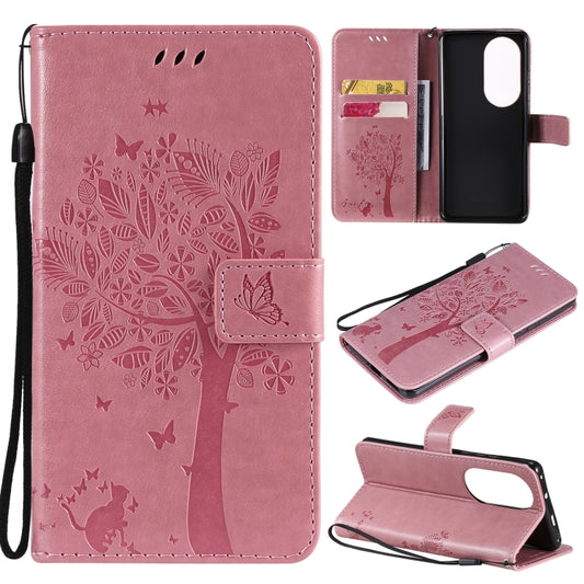 For Huawei P50 Pro Tree & Cat Pattern Pressed Printing Horizontal Flip PU Leather Case with Holder & Card Slots & Wallet & Lanyard(Pink) - Huawei Cases by buy2fix | Online Shopping UK | buy2fix