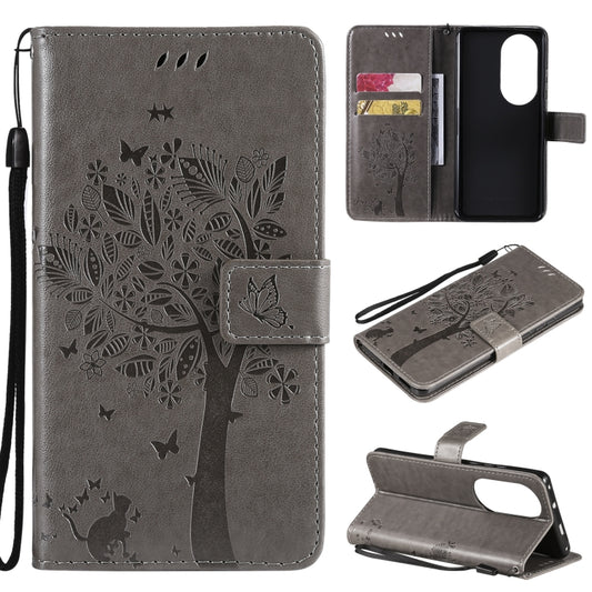 For Huawei P50 Pro Tree & Cat Pattern Pressed Printing Horizontal Flip PU Leather Case with Holder & Card Slots & Wallet & Lanyard(Grey) - Huawei Cases by buy2fix | Online Shopping UK | buy2fix