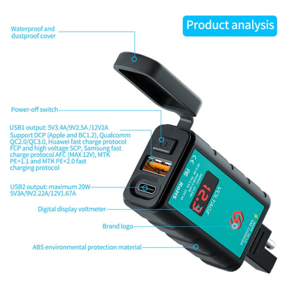 WUPP ZH-1422B3 DC12-24V Motorcycle Square Single USB + PD Fast Charging Charger with Switch + Voltmeter + Integrated SAE Socket + 1.4m OT Terminal Cable - In Car by WUPP | Online Shopping UK | buy2fix