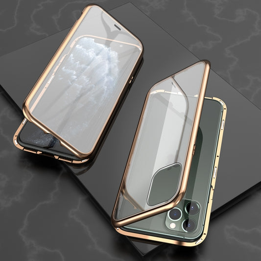 For iPhone 11 Pro Ultra Slim Double Sides Magnetic Adsorption Angular Frame Tempered Glass Magnet Flip Case(Gold) - Apple Accessories by buy2fix | Online Shopping UK | buy2fix