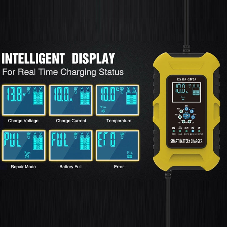 FOXSUR 10A 12V 7-segment Motorcycle / Car Smart Battery Charger, Plug Type:US Plug(Yellow) - Battery Charger by FOXSUR | Online Shopping UK | buy2fix