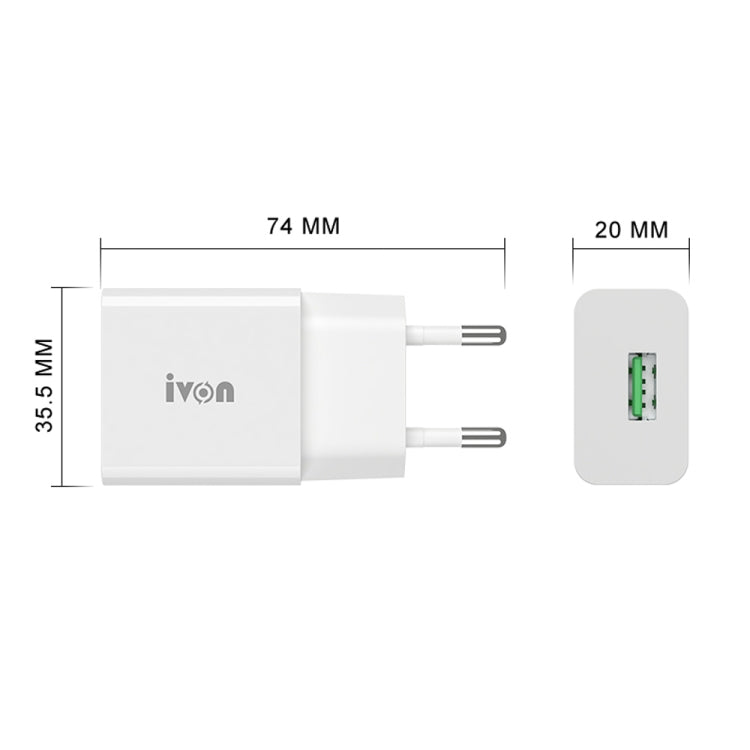 IVON AD-35 2 in 1 18W QC3.0 USB Port Travel Charger + 1m USB to 8 Pin Data Cable Set, EU Plug(White) - Apple Accessories by IVON | Online Shopping UK | buy2fix