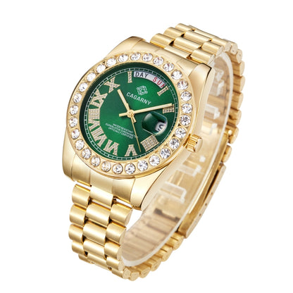 CAGARNY 6886 Diamond-encrusted Roman Numeral Dial Quartz Watch for Men(Gold Shell Green Dial) - Metal Strap Watches by CAGARNY | Online Shopping UK | buy2fix