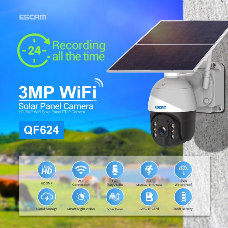 ESCAM QF624 3MP HD IP66 Waterproof WiFi Solar Panel PT IP Camera without Battery - Security by ESCAM | Online Shopping UK | buy2fix