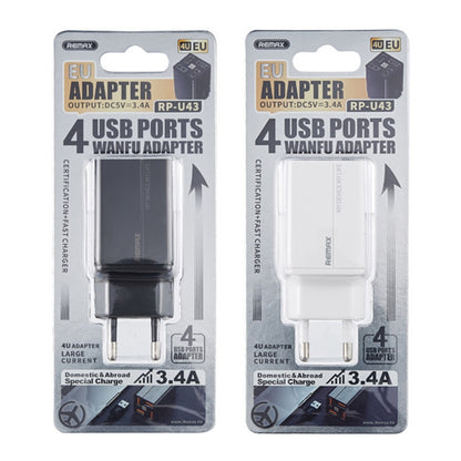 REMAX RP-U43 3.4A 4 USB Port Fast Charger, Specification:EU Plug(Black) - USB Charger by REMAX | Online Shopping UK | buy2fix