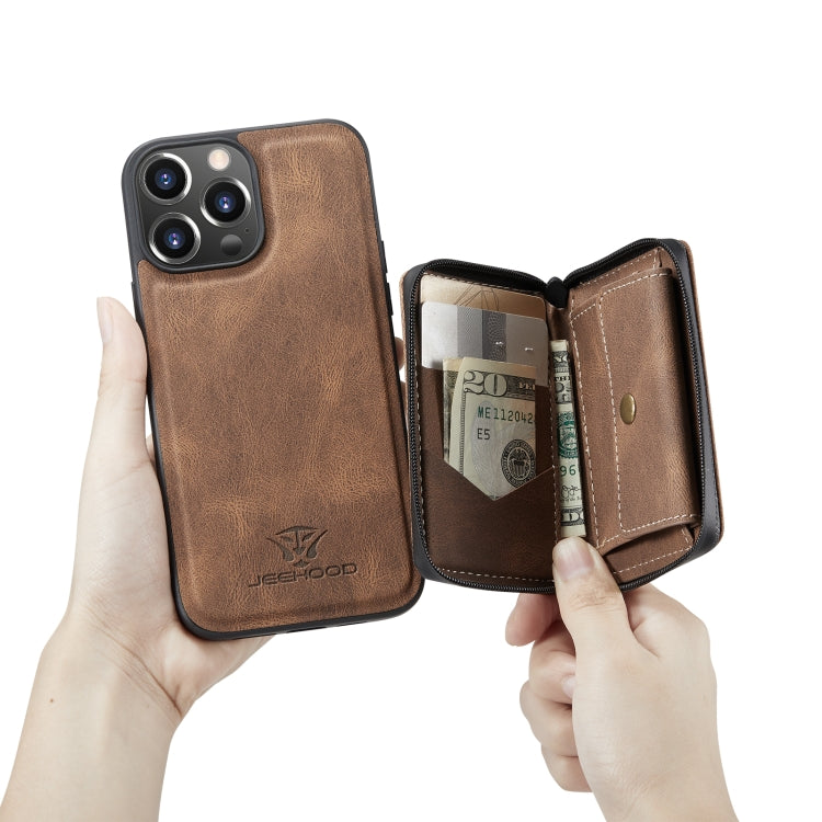 For iPhone 14 Pro Max JEEHOOD Magnetic Zipper Wallet Leather Phone Case (Brown) - Apple Accessories by JEEHOOD | Online Shopping UK | buy2fix