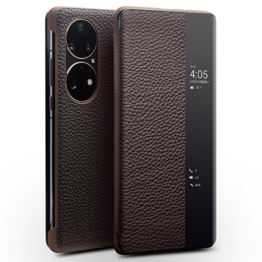 For Huawei P50 QIALINO Genuine Leather Side Window View Smart Phone Case(Brown) - Huawei Cases by QIALINO | Online Shopping UK | buy2fix