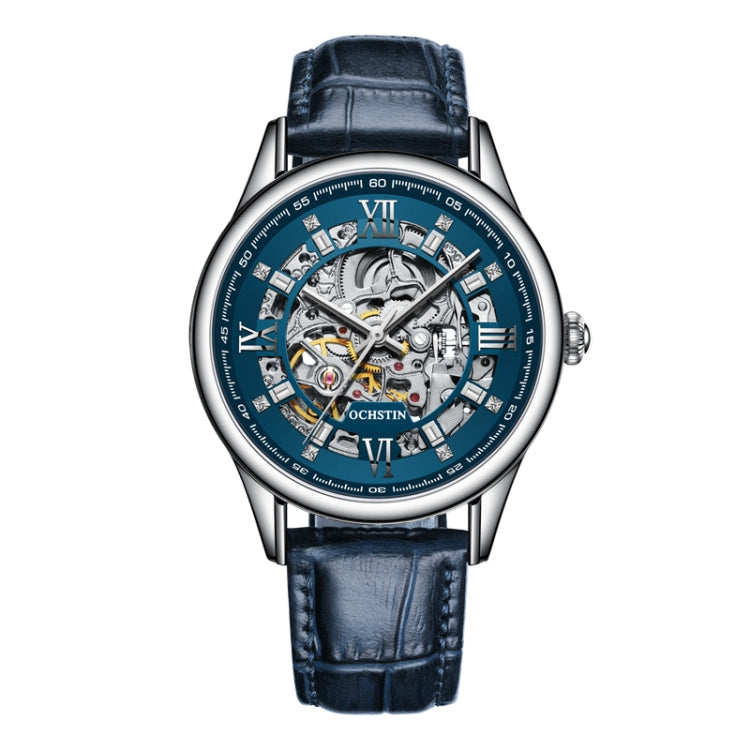 OCHSTIN 6020D Masterpiece Hollow Mechanical Men Watch(Silver-Blue) - Leather Strap Watches by OCHSTIN | Online Shopping UK | buy2fix