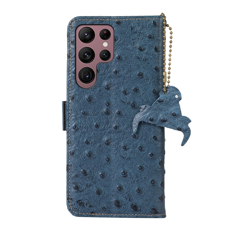 For Samsung Galaxy S22 Ultra 5G Ostrich Pattern Genuine Leather RFID Phone Case(Blue) - Galaxy S22 Ultra 5G Cases by buy2fix | Online Shopping UK | buy2fix
