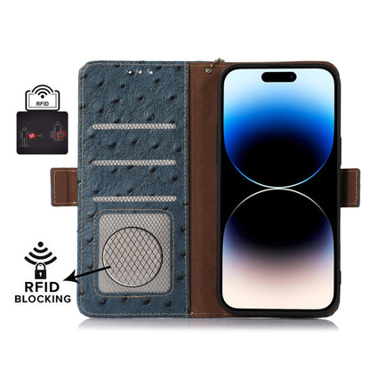 For Motorola Moto G72 4G Ostrich Pattern Genuine Leather RFID Phone Case(Blue) - Motorola Cases by buy2fix | Online Shopping UK | buy2fix