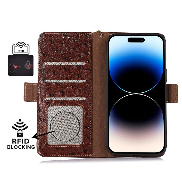 For OnePlus 11 5G Ostrich Pattern Genuine Leather RFID Phone Case(Coffee) - OnePlus Cases by buy2fix | Online Shopping UK | buy2fix