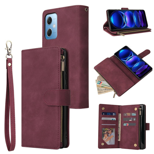 For Xiaomi Redmi Note 12 5G Global India / Poco X5 Multifunctional Multi-Card Wallet Phone Leather Case(Wine Red) - Note 12 Cases by buy2fix | Online Shopping UK | buy2fix