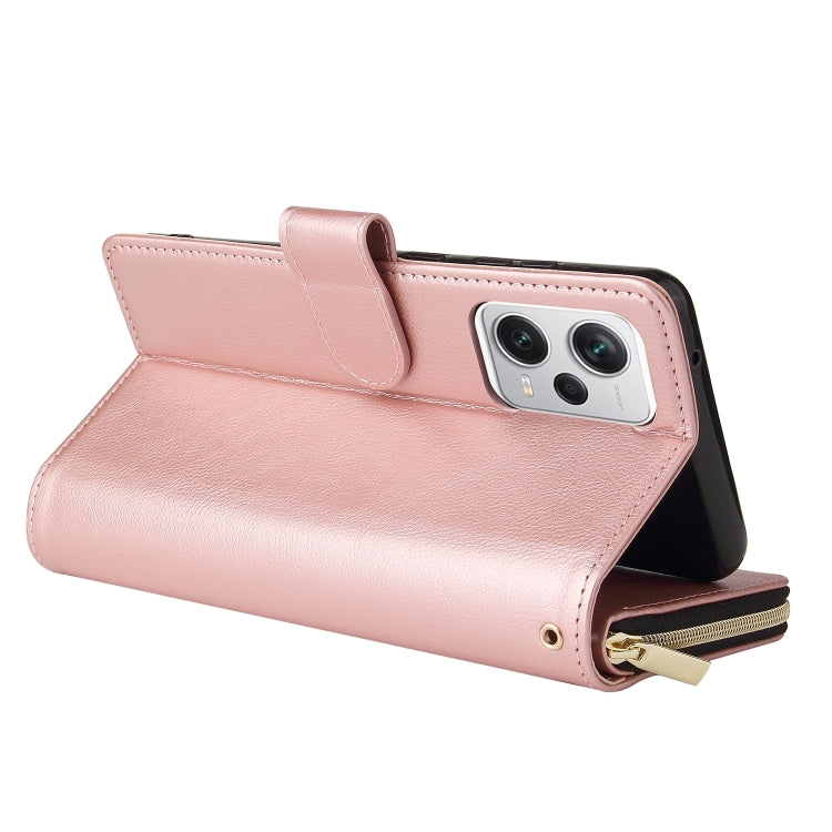 For Xiaomi Redmi Note 12 5G Global / Poco X5 9 Card Slots Zipper Wallet Bag Leather Phone Case(Rose Gold) - Note 12 Cases by buy2fix | Online Shopping UK | buy2fix