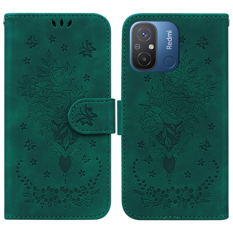 For Xiaomi Redmi 12C / 11A Butterfly Rose Embossed Leather Phone Case(Green) - Xiaomi Cases by buy2fix | Online Shopping UK | buy2fix