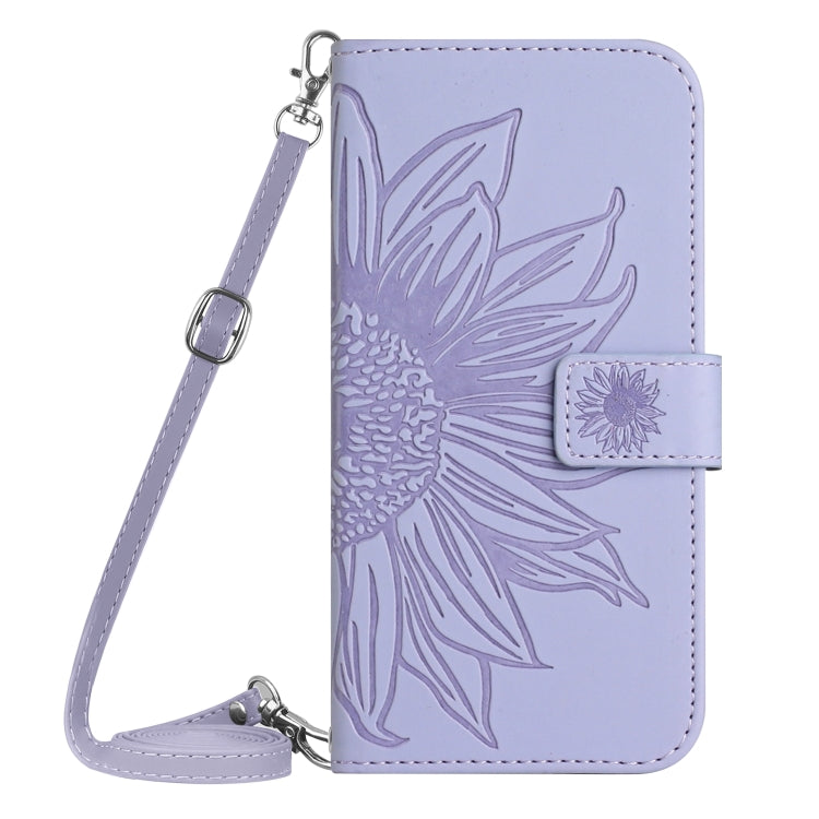 For Sony Xperia 1 V HT04 Skin Feel Sun Flower Embossed Flip Leather Phone Case with Lanyard(Purple) - Sony Cases by buy2fix | Online Shopping UK | buy2fix