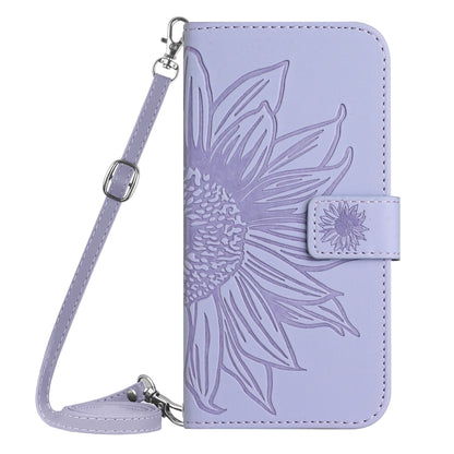 For Sony Xperia 10 V HT04 Skin Feel Sun Flower Embossed Flip Leather Phone Case with Lanyard(Purple) - Sony Cases by buy2fix | Online Shopping UK | buy2fix