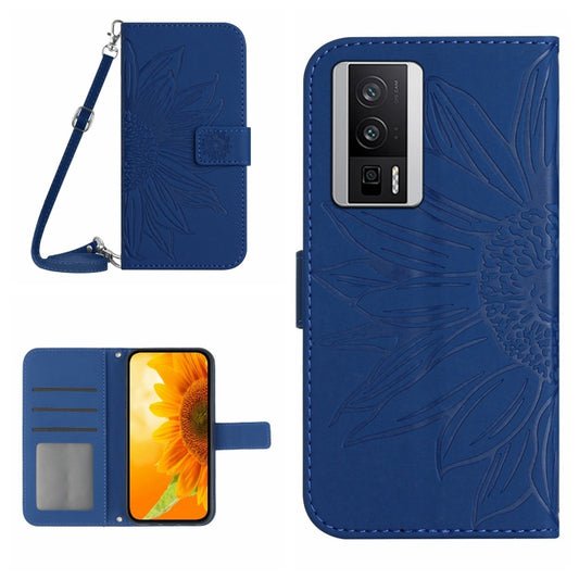 For Xiaomi Poco F5 Pro Skin Feel Sun Flower Embossed Flip Leather Phone Case with Lanyard(Dark Blue) - Xiaomi Cases by buy2fix | Online Shopping UK | buy2fix