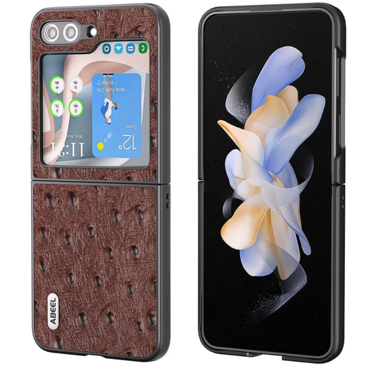 For Samsung Galaxy Z Flip5 ABEEL Genuine Leather Ostrich Texture Phone Case(Coffee) - Galaxy Z Flip5 Cases by buy2fix | Online Shopping UK | buy2fix