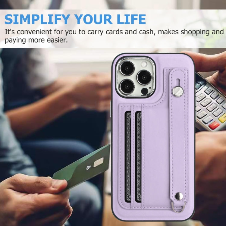 For iPhone 15 Pro Shockproof Leather Phone Case with Wrist Strap(Purple) - iPhone 15 Pro Cases by buy2fix | Online Shopping UK | buy2fix