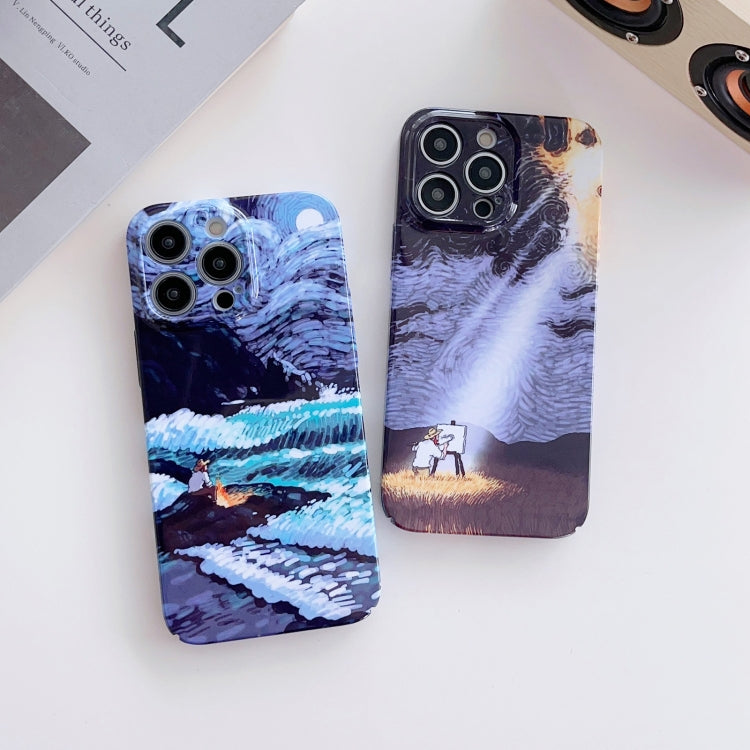 For iPhone 13 mini Precise Hole Oil Painting Pattern PC Phone Case(Sunset) - iPhone 13 mini Cases by buy2fix | Online Shopping UK | buy2fix