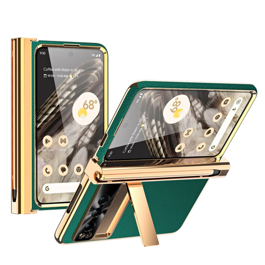 For Google Pixel Fold Litchi Pattern Electroplating Pen Slot Double Hinge Folding Phone Case with Stylus(Green) - Google Cases by buy2fix | Online Shopping UK | buy2fix