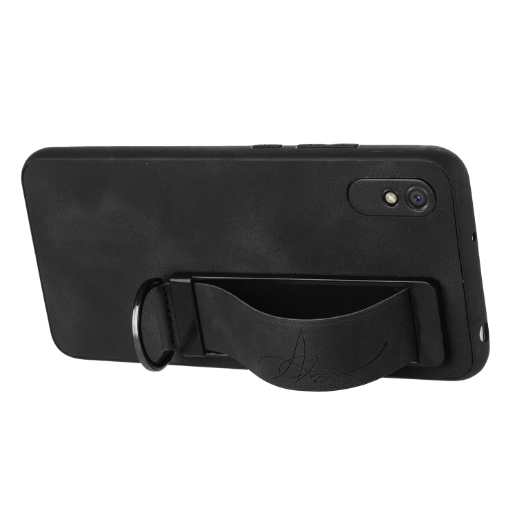For Xiaomi Redmi 9A Wristband Holder Leather Back Phone Case(Black) - Xiaomi Cases by buy2fix | Online Shopping UK | buy2fix