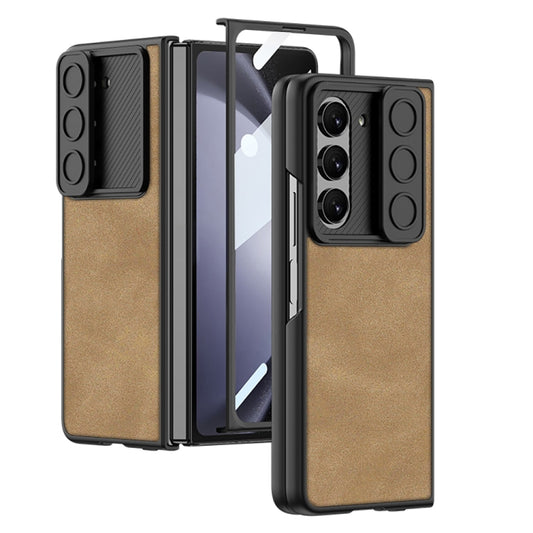 For Samsung Galaxy Z Fold5 GKK Integrated Ultra-thin Sliding Camshield Plain Leather Phone Case(Brown) - Galaxy Z Fold5 Cases by GKK | Online Shopping UK | buy2fix