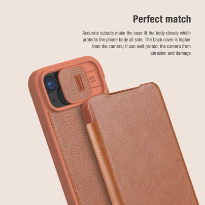 For iPhone 15 NILLKIN QIN Series Pro Sliding Camera Cover Design Leather Phone Case(Brown) - iPhone 15 Cases by NILLKIN | Online Shopping UK | buy2fix