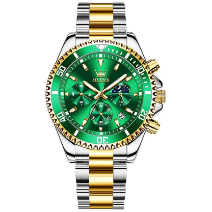 OLEVS 2870 Men Multifunctional Chronograph Three Eyes Waterproof Quartz Watch(Green + Gold) - Metal Strap Watches by OLEVS | Online Shopping UK | buy2fix