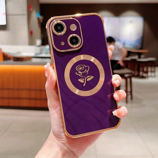 For iPhone 14 Electroplate Side Roses Flower MagSafe Phone Case(Dark Purple) - iPhone 14 Cases by buy2fix | Online Shopping UK | buy2fix