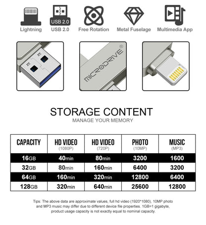 MicroDrive 2 In 1  8 Pin + USB 2.0 Portable Metal USB Flash Disk, Capacity:16GB(Silver) - USB Flash Drives by MICRODRIVE | Online Shopping UK | buy2fix