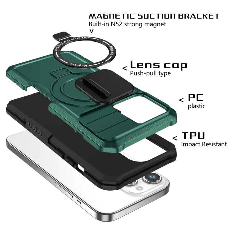 For iPhone 15 Pro Sliding Camshield Magsafe Holder TPU Hybrid PC Phone Case(Deep Green) - iPhone 15 Pro Cases by buy2fix | Online Shopping UK | buy2fix