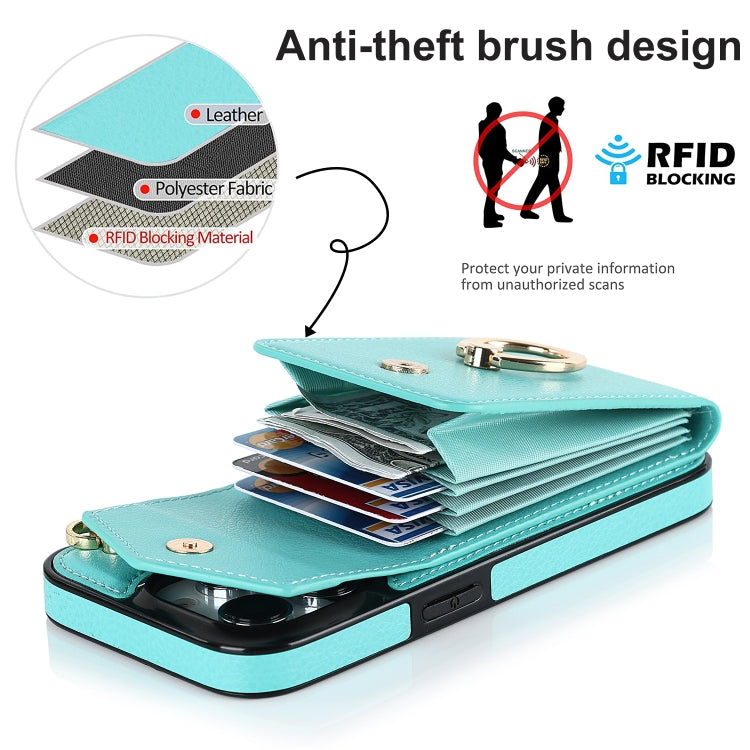 For iPhone 15 Pro Max Ring Holder RFID Card Slot Phone Case(Mint Green) - iPhone 15 Pro Max Cases by buy2fix | Online Shopping UK | buy2fix