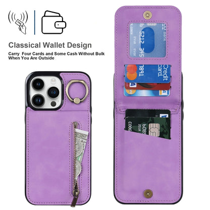 For iPhone 15 Pro Max Retro Ring and Zipper RFID Card Slot Phone Case(Purple) - iPhone 15 Pro Max Cases by buy2fix | Online Shopping UK | buy2fix