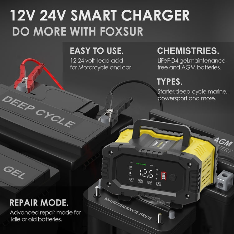 FOXSUR 12V / 24V 10A Portable Motorcycle Car Smart Battery Charger(UK Plug) - Battery Charger by FOXSUR | Online Shopping UK | buy2fix