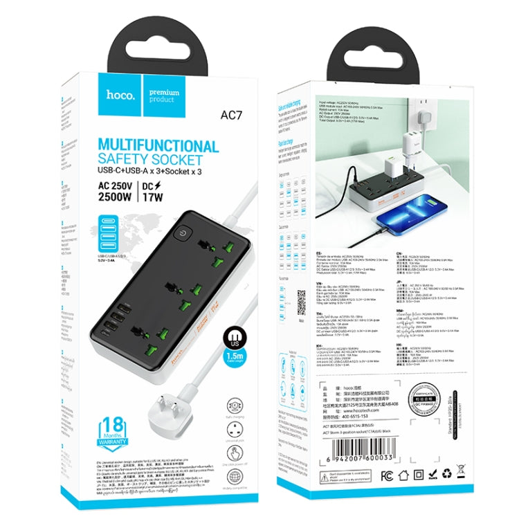 hoco AC7 Storm 3-position Socket with USB-C+3USB Ports, Cable Length: 1.5m, US Plug(Black) - Extension Socket by hoco | Online Shopping UK | buy2fix