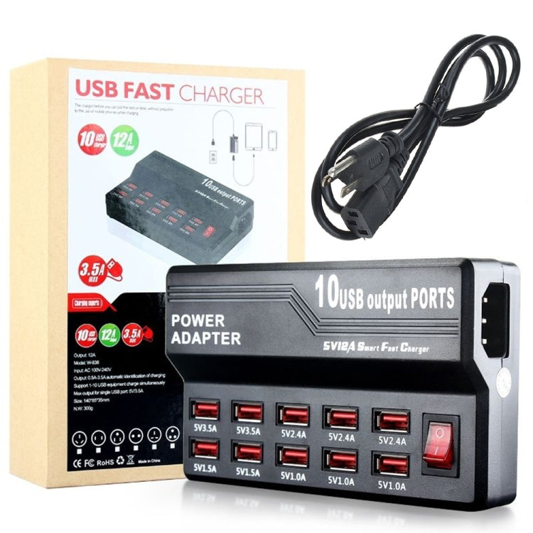 W-838 60W 10 Ports USB Fast Charging Dock Desktop Smart Charger AC100-240V, US Plug (Black) - Multifunction Charger by buy2fix | Online Shopping UK | buy2fix