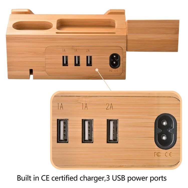 Multi-function Bamboo Charging Station Charger Stand Management Base with 3 USB Ports, For Apple Watch, AirPods, iPhone, US Plug - Others by buy2fix | Online Shopping UK | buy2fix
