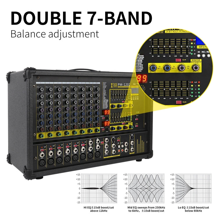 XTUGA PM1202 900W 10 Channel Stage Power Mixer 24Bit Multil-FX Processor Dual 99 DSP Effect DJ Amplifier (EU Plug) - Live Sound Effects Processors by XTUGA | Online Shopping UK | buy2fix