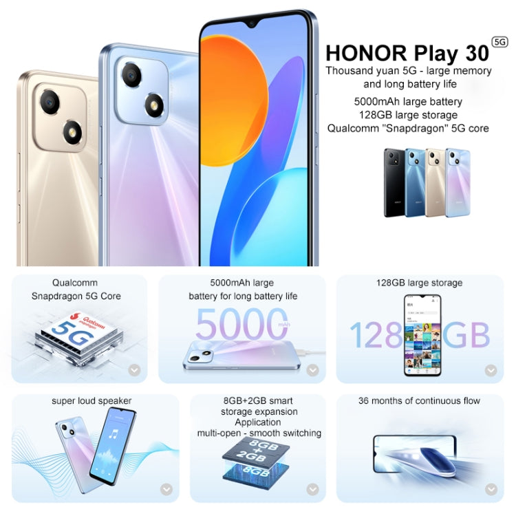 Honor Play 30 5G VNE-AN00, 8GB+128GB, China Version, Face Identification, 5000mAh, 6.5 inch Magic UI 5.0 /Android 11 Qualcomm Snapdragon 480 Plus Octa Core up to 2.2GHz, Network: 5G, Not Support Google Play(Black) - Honor by Huawei | Online Shopping UK | buy2fix