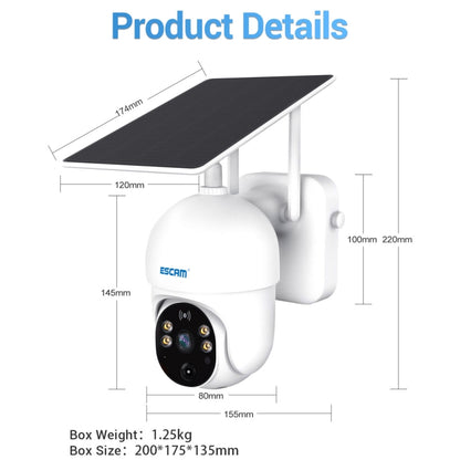 ESCAM QF255 2.0 Million Pixels 1080P HD WiFi Solar Camera, Support Two-way Voice & PIR Motion Detection & Night Vision & TF Card - Dome Camera by ESCAM | Online Shopping UK | buy2fix