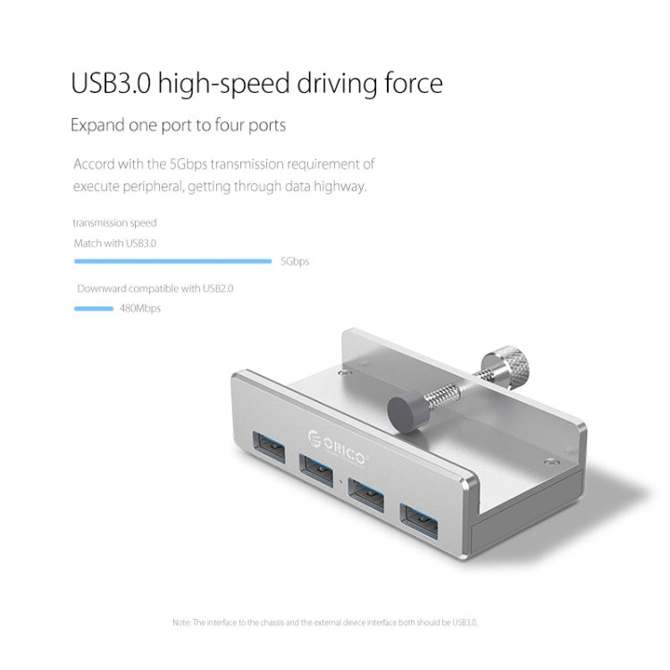 ORICO MH4PU Aluminum Alloy 4 Ports USB 3.0 Clip-type HUB with 1m USB Cable, Clip Width Range: 10-32mm - USB 3.0 HUB by ORICO | Online Shopping UK | buy2fix