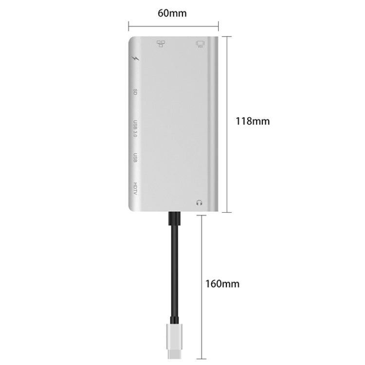 Onten 9591BD 8 in 1 USB-C / Type-C to PD USB-C / Type-C Charging + Gigabit Ethernet + Dual USB 3.0 + HDMI + VGA + SD Card Slot + 3.5mm AUX HUB(Silver) - USB HUB by Onten | Online Shopping UK | buy2fix