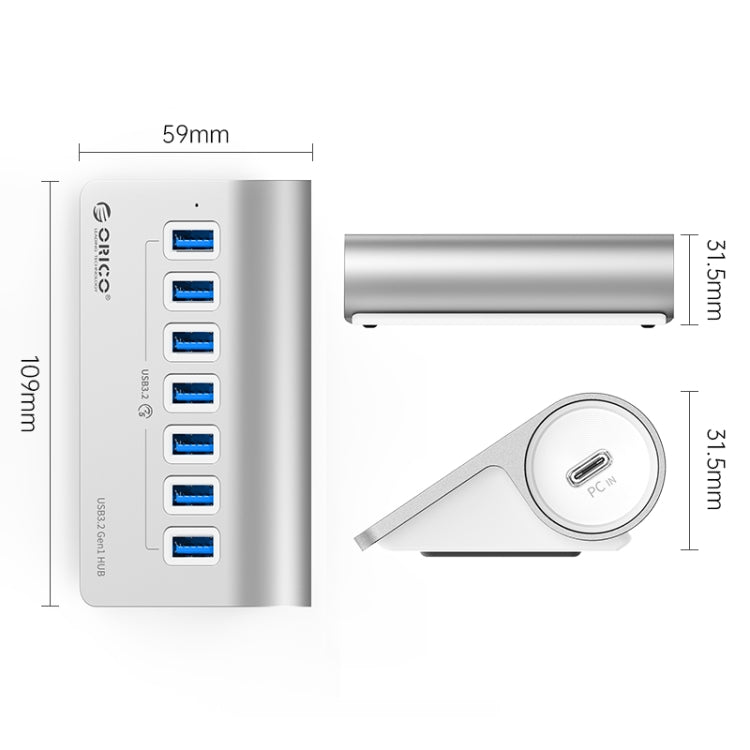 ORICO M3U7 Aluminum Alloy 7-Port USB 3.2 Gen1 5Gbps HUB with 0.5m Cable(Silver) - USB 3.0 HUB by ORICO | Online Shopping UK | buy2fix