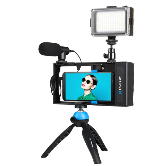 PULUZ 4 in 1 Bluetooth Handheld Vlogging Live Broadcast LED Selfie Light Smartphone Video Rig Kits with Microphone + Tripod Mount + Cold Shoe Tripod Head for iPhone, Galaxy, Huawei, Xiaomi, HTC, LG, Google, and Other Smartphones(Blue) - Camera Cage by PULUZ | Online Shopping UK | buy2fix