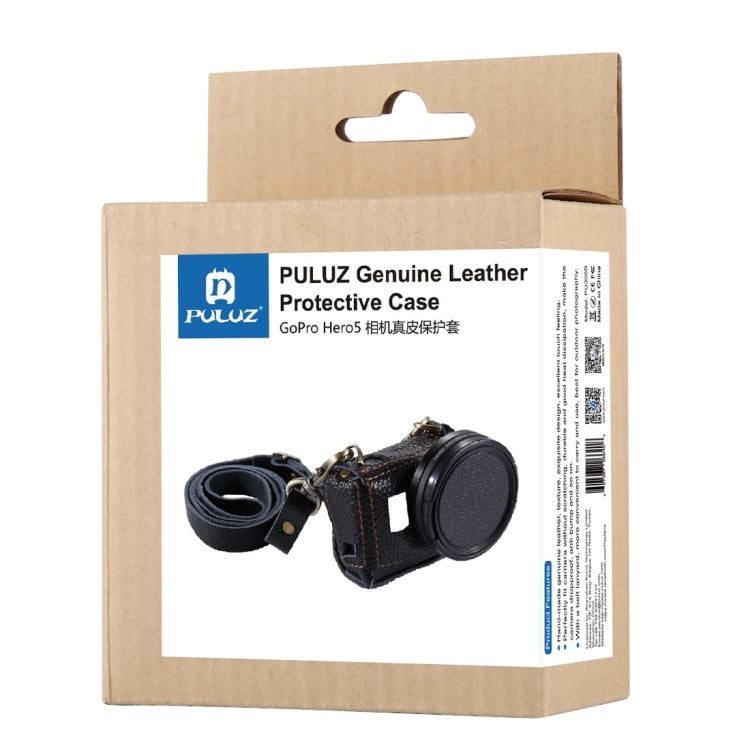 PULUZ for GoPro HERO7 Black /6 /5 Litchi Texture Genuine Leather Housing Case with Set Key Hole & Neck Strap & 52mm UV Lens(Black) - DJI & GoPro Accessories by PULUZ | Online Shopping UK | buy2fix