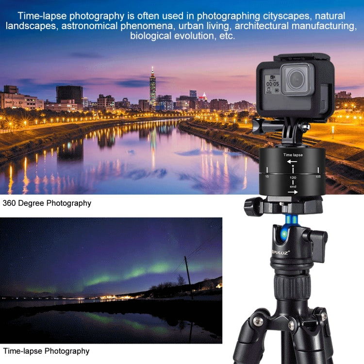 PULUZ 360 Degrees Panning Rotation 120 Minutes Time Lapse Stabilizer Tripod Head Adapter for GoPro HERO12 Black /11 Black /10 Black / 9 Black /8 Black / HERO7 /6 /5 /5 Session /4 Session /4 /3+ /3 /2 /1, Xiaoyi and Other Action Cameras - Tripod Heads by PULUZ | Online Shopping UK | buy2fix