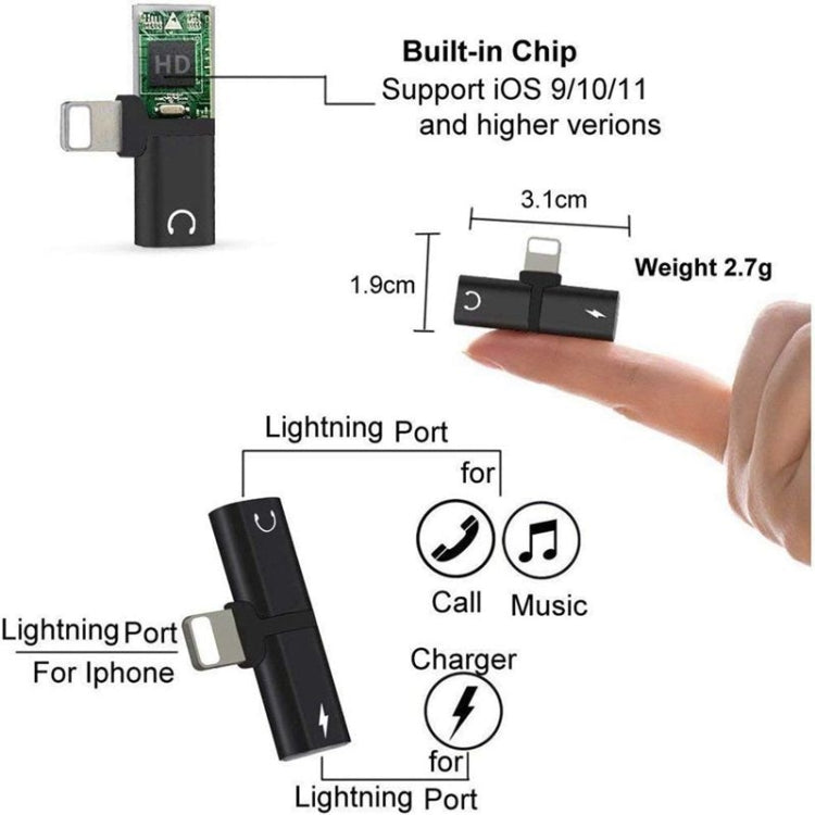 Zs-18182 2 in 1 8 Pin Male to 8 Pin Charging + 8 Pin Audio Female Connector Earphone Adapter, Supports Call & Volume Control(Black) - Earphone Adapter by buy2fix | Online Shopping UK | buy2fix